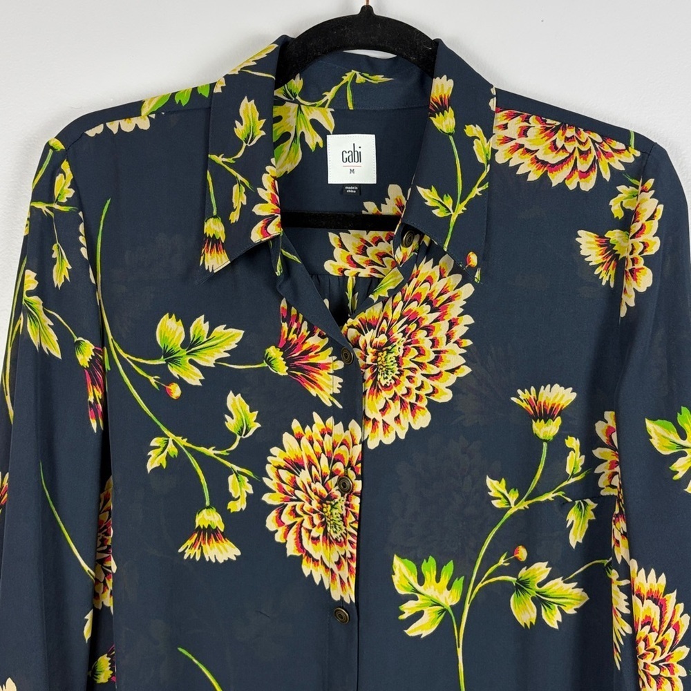 Cabi Chic Floral Semi-Sheer Long Sleeve Button Front Blouse Medium Navy Blue - Picture 3 of 14